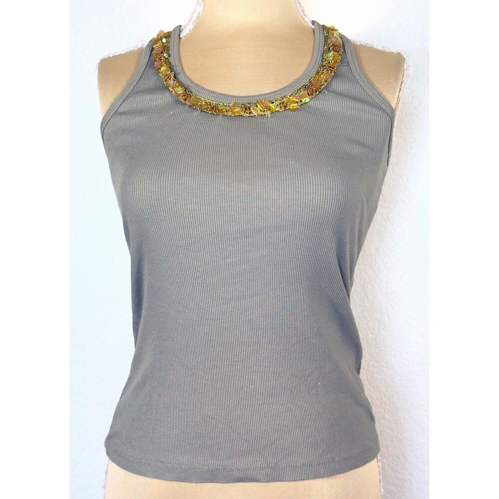 Vintage Y2K XOXO Beaded Ribbed Tank Top Green Gold Embellished USA M